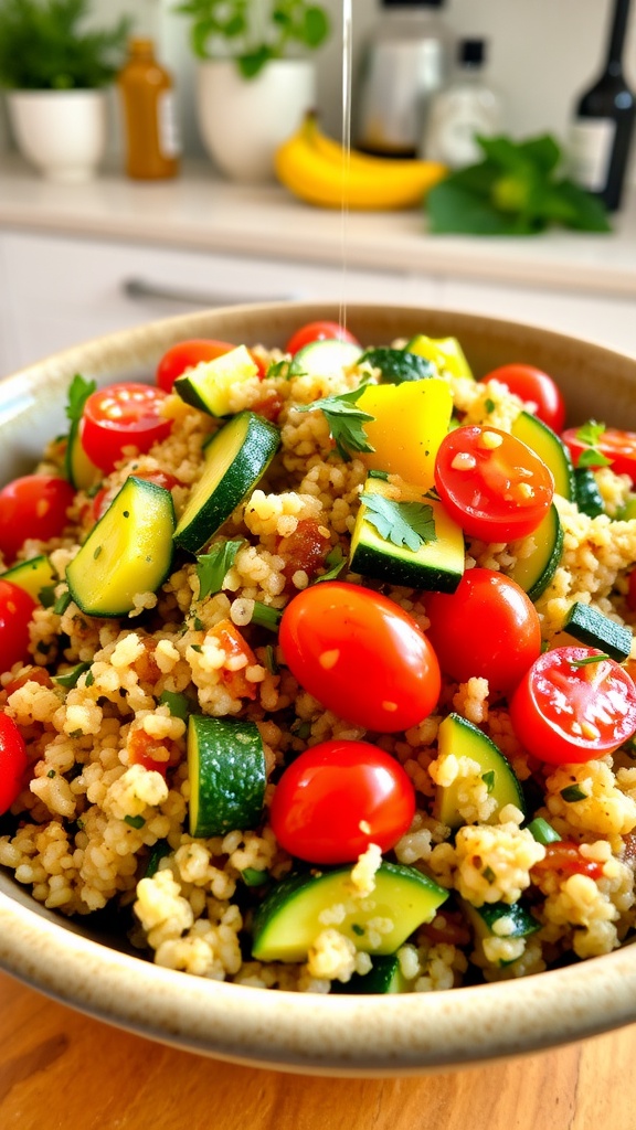 A nutritious quinoa and zucchini bowl with colorful vegetables, garnished with herbs, set against a bright kitchen backdrop.